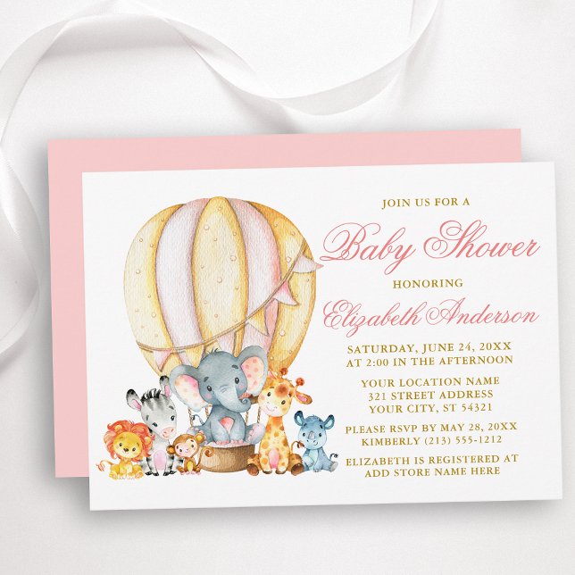 Safari Animals Rosa Luftballong Baby Shower Inbjudningar (Customize to change text color, size, text style or change color of back of card.)