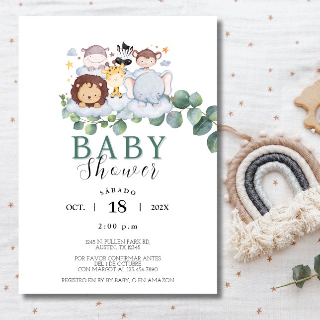Safari Animals Spanska babystövlar Inbjudningar (Safari Animals Spanish Baby Shower Jungle Invitation)