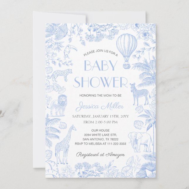 Safari Animals Toile De Jouy Boy Shower Inbjudningar (Framsida)