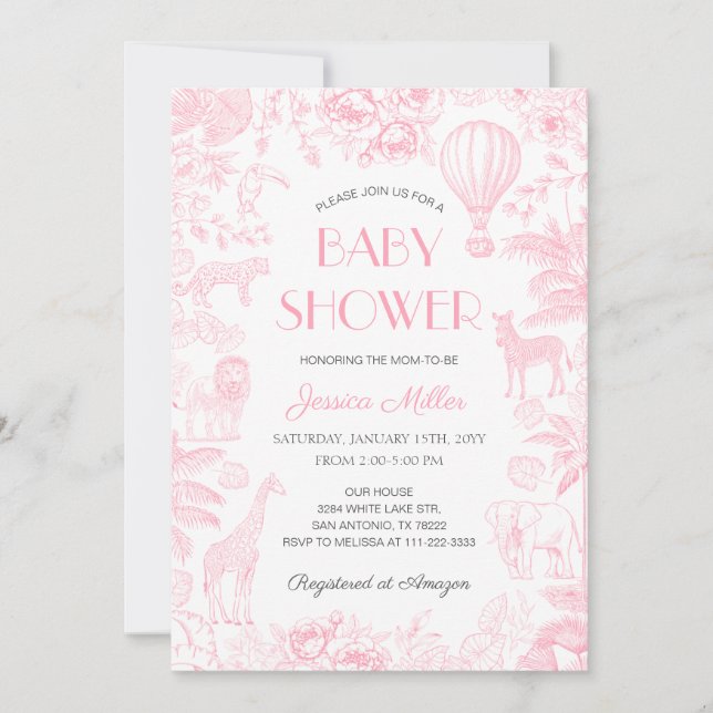 Safari Animals Toile De Jouy Girl Baby Shower Inbjudningar (Framsida)