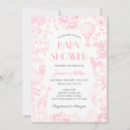 Safari Animals Toile De Jouy Girl Baby Shower Inbjudningar