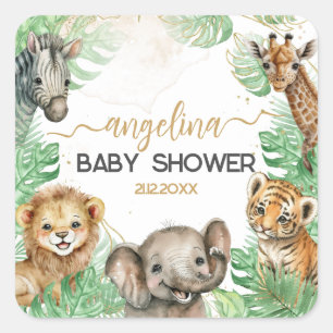 Safari animals Tropical grey Baby Shower Fyrkantigt Klistermärke