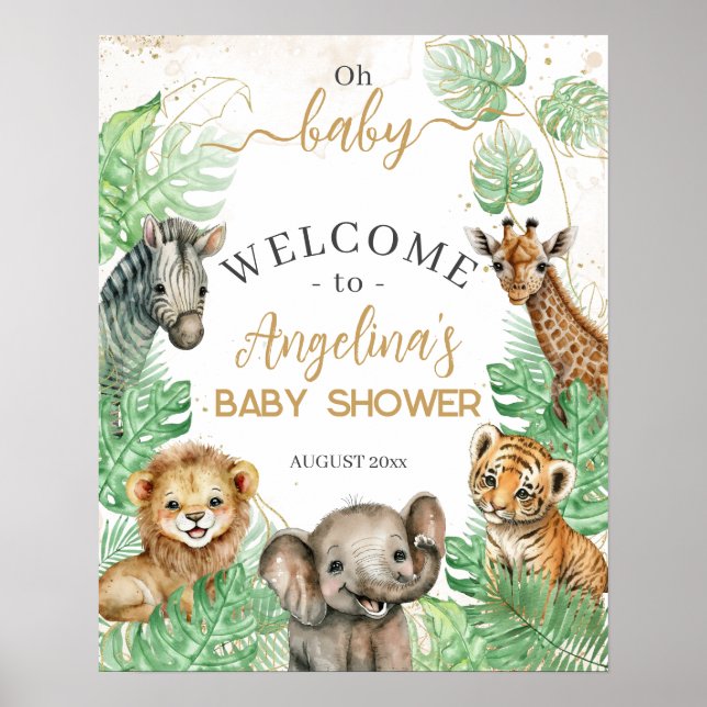 Safari animals Tropical grey Baby Shower Poster (Framsidan)