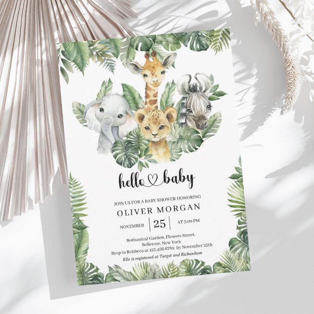 Safari animals Tropical grey Boy Shower Inbjudningar (Safari animals Tropical greenery Boy Baby Shower Invitation)