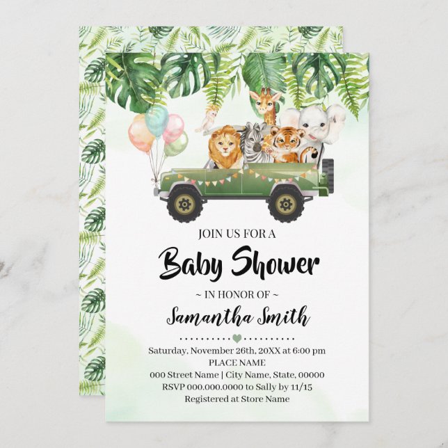 Safari Animals Tropical Jungle Zoo Baby Shower Inbjudningar (Fram/baksida)