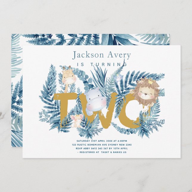 Safari Animals Tropical Second Birthday Inbjudningar (Fram/baksida)