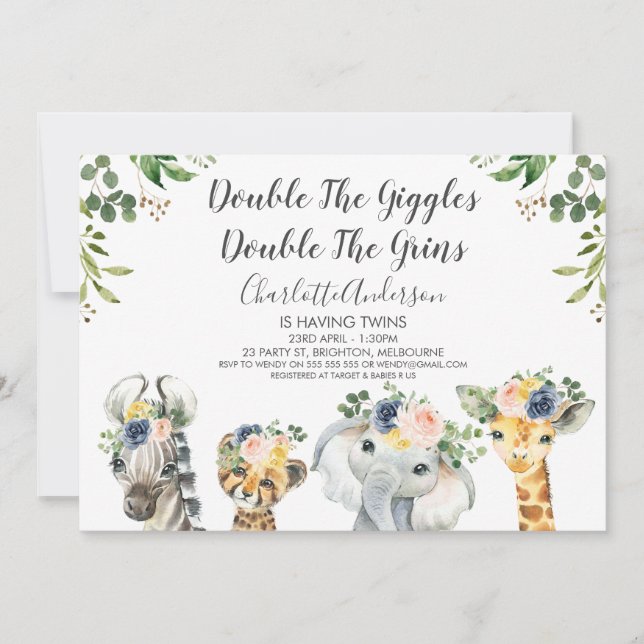 Safari Animals Twillingars Baby Shower-inbjudan Inbjudningar (Framsida)