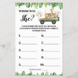 Safari Animals var Mamma Shower Game Card Flygblad