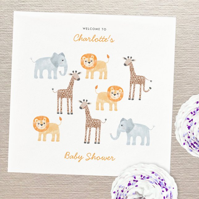 Safari Animals vattenfärgsskal för Personlig Babyk Pappersservett (Fun watercolor baby safari animals personalized baby shower party paper napkins)