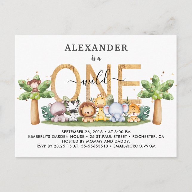 Safari Animals Vild 1:a födelsedagsinbjudan Vykort (Framsida)
