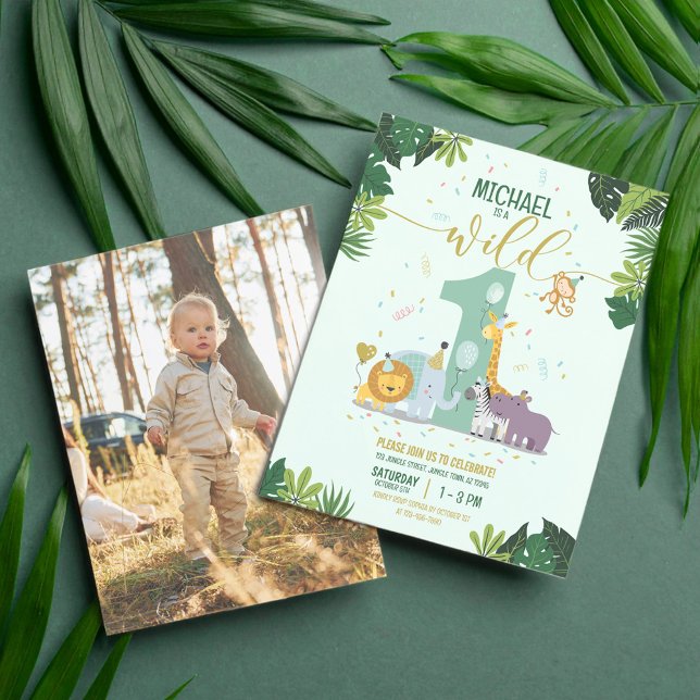 Safari Animals Vild 1 Budget Fotofödelsedag Inbjud (Skapare uppladdad)