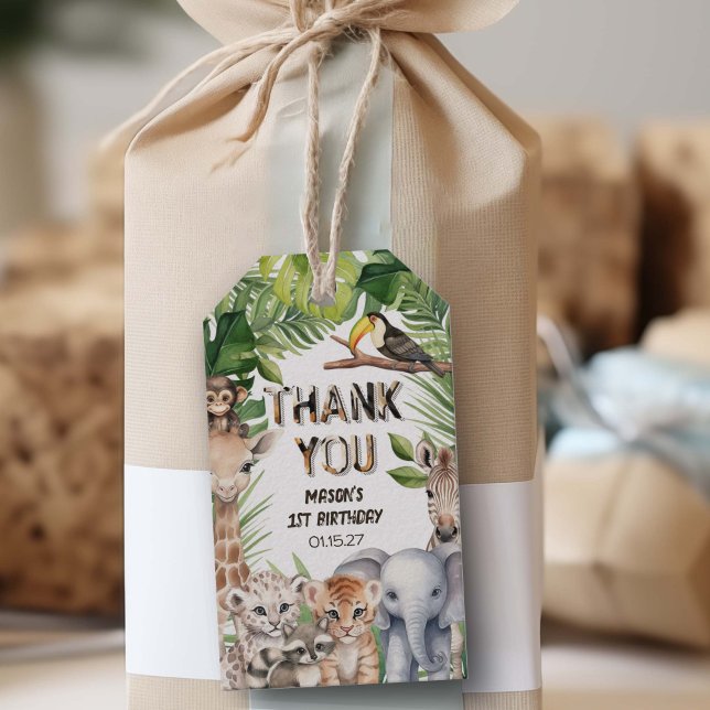 Safari Animals Vild Ett födelsedagstack Presentetikett (Wild one, Jungle animals birthday thank you tags)