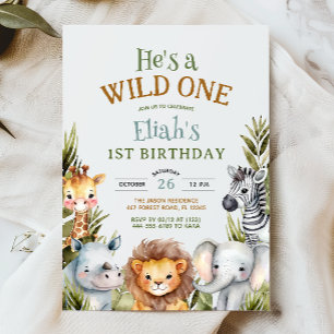 Safari Animals Vild ett första födelsedag Inbjudningar