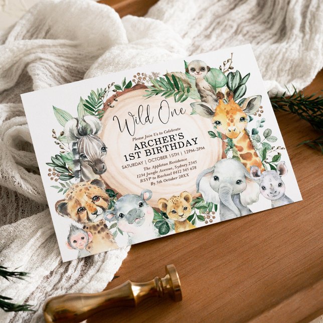 Safari Animals Vild Ett första födelsedagsjungel P Inbjudningar (Skapare uppladdad)