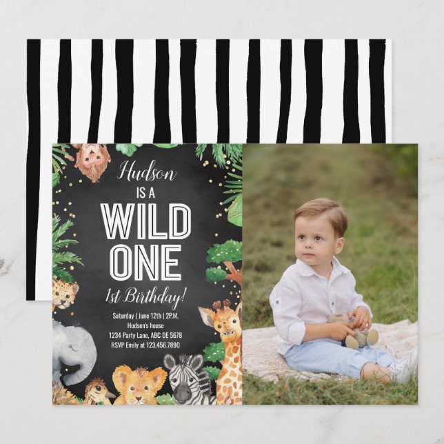 Safari Animals Vild Ett svart foto på födelsedag Inbjudningar (Fram/baksida)