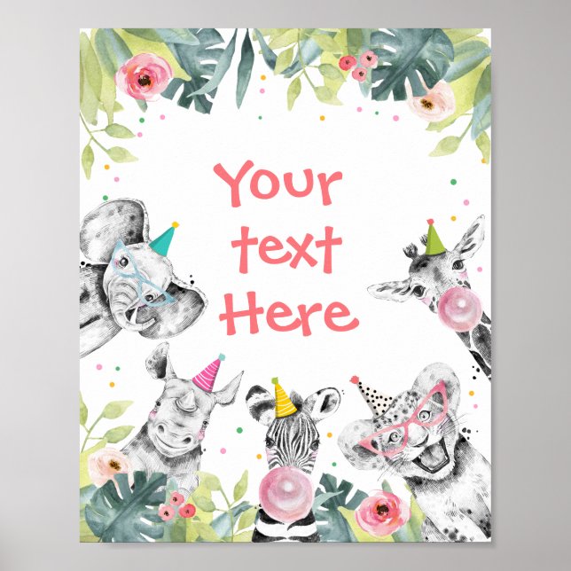 Safari Animals Vild Girl Födelsedagsfest Bord Sign Poster (Framsidan)