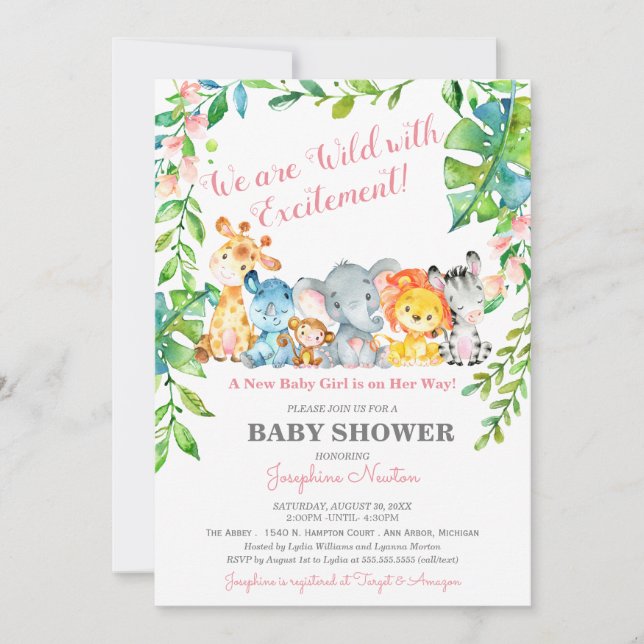 Safari Animals Vild Jungle Girl Baby Shower Inbjudningar (Framsida)