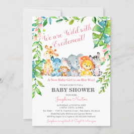 Safari Animals Vild Jungle Girl Baby Shower Inbjudningar