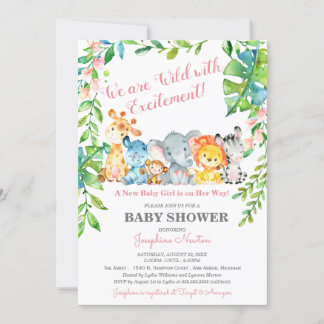 Safari Animals Vild Jungle Girl Baby Shower Inbjudningar