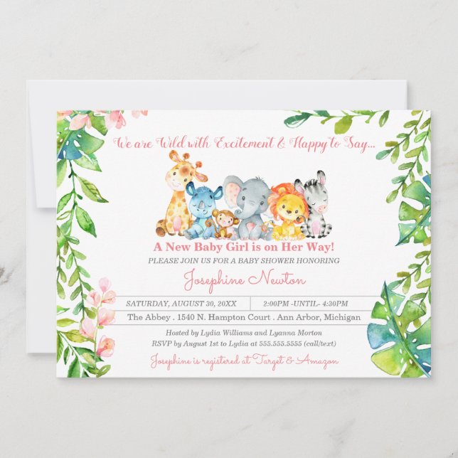 Safari Animals Vild Jungle Girl Baby Shower Inbjudningar (Framsida)
