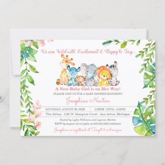 Safari Animals Vild Jungle Girl Baby Shower Inbjudningar