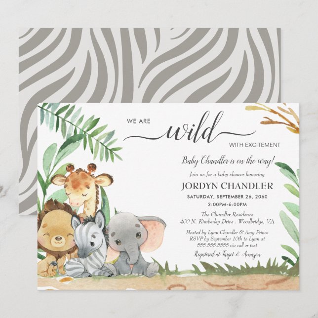 Safari Animals Vild med Excitement Baby Shower Inbjudningar (Fram/baksida)