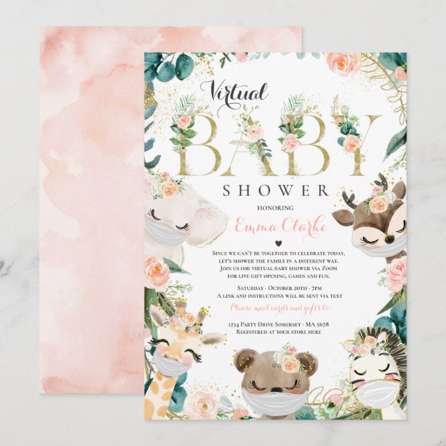 Safari Animals Virtuella Baby Shower Greenery Guld Inbjudningar (Fram/baksida)