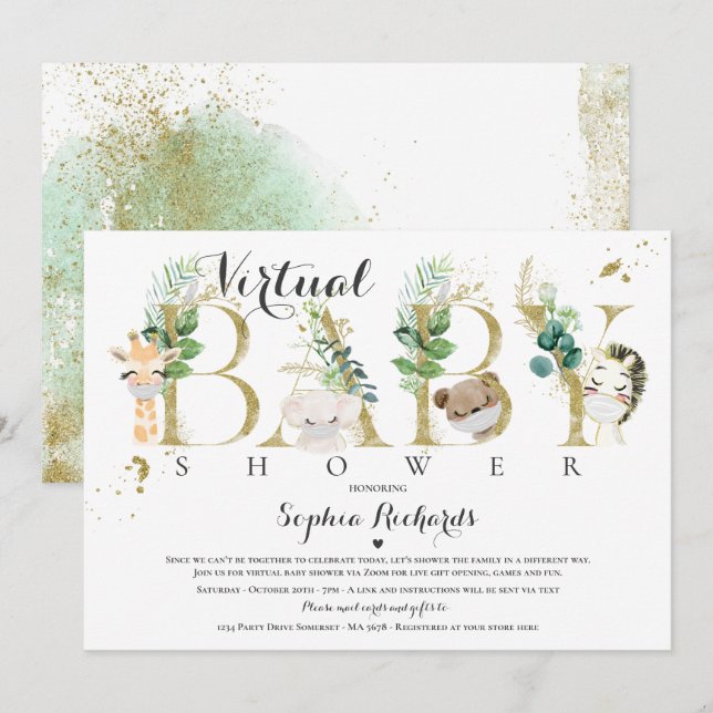 Safari Animals Virtuella Baby Shower Greenery Guld Inbjudningar (Fram/baksida)