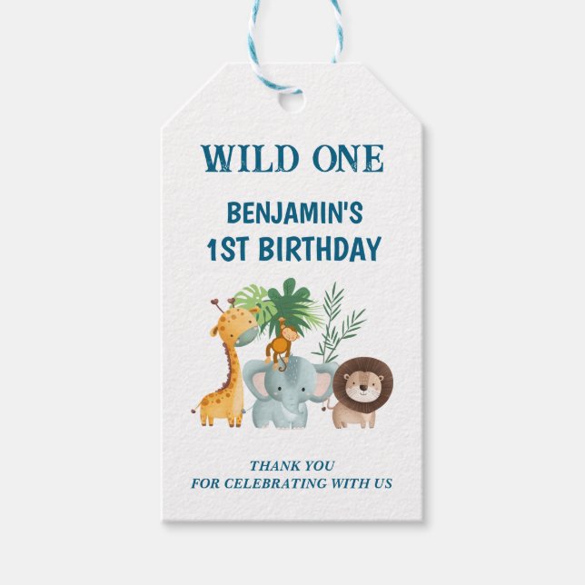 Safari Animals Wild One Party Thank you Favor Presentetikett (Framsidan)