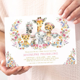 Safari Animals Wildblommor Garden Girl Baby Shower Inbjudningar