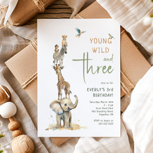 Safari Animals "Young Vild & Three" Barns födelsed Inbjudningar