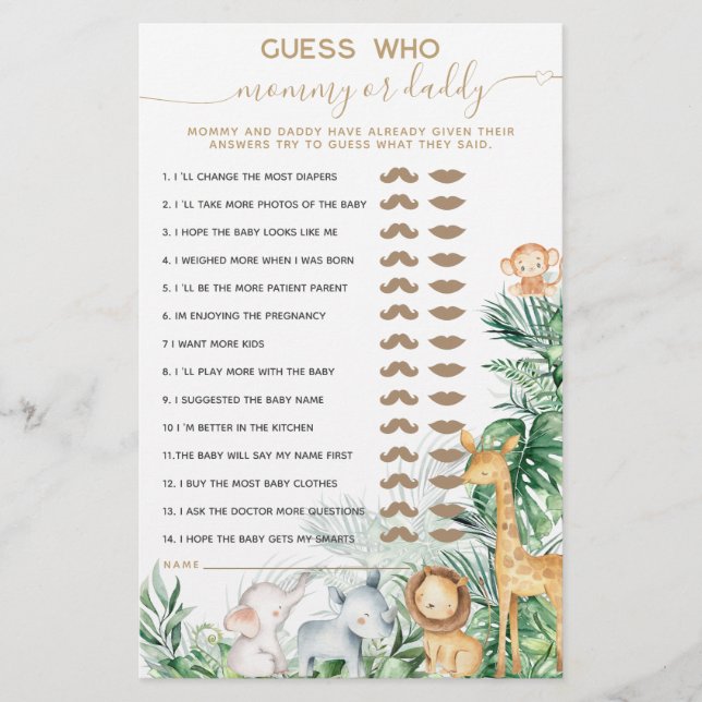 Safari Baby djur Greenery Baby Shower Gissa (Framsida)