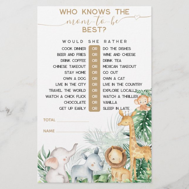 Safari Baby djur Greenery Baby Shower-spel (Framsida)