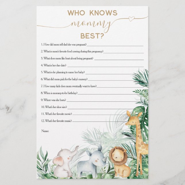 Safari Baby djur Greenery Baby Shower-spel (Framsida)