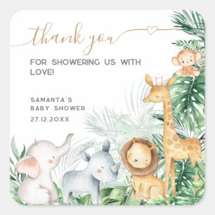 Safari Baby djur Greenery Baby Shower Tack Fyrkantigt Klistermärke