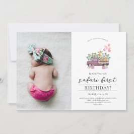 Safari Baby djur Lastbil 1:a födelsedag Party Foto Inbjudningar