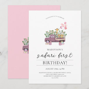 Safari Baby djur Lastbil 1:a födelsedag Party Invi Inbjudningar