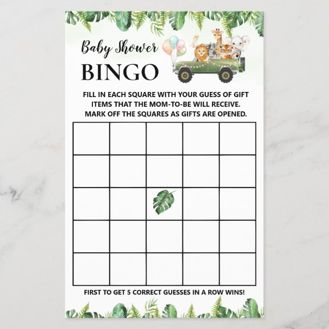 Safari Baby djur Shower Bingo-spelkort Flygblad (Framsidan)
