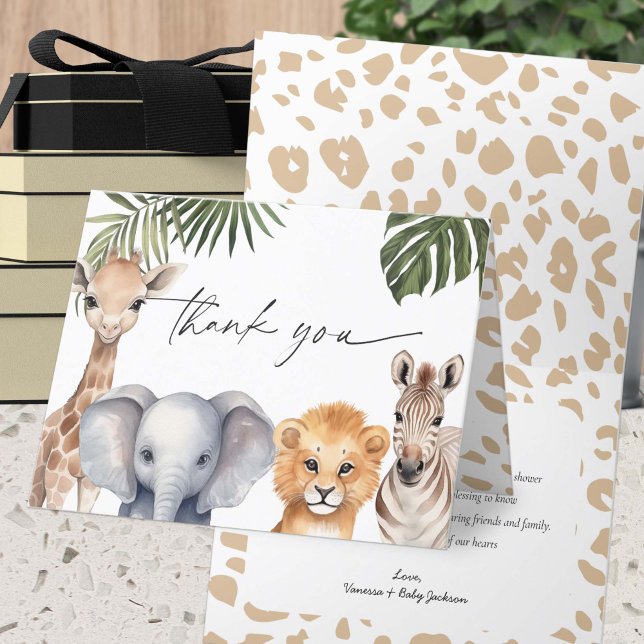 Safari Baby djur Vild en Pojke Shower Tack Kort (Wild One Safari Animals, Baby Boy shower, Thank you Card.)