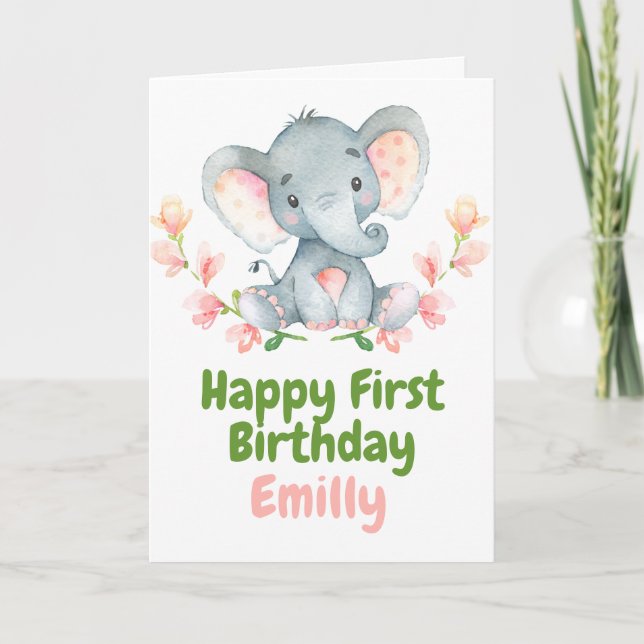 Safari Baby Elephant Lycklig 1:a födelsedagskort Kort (Framsida)