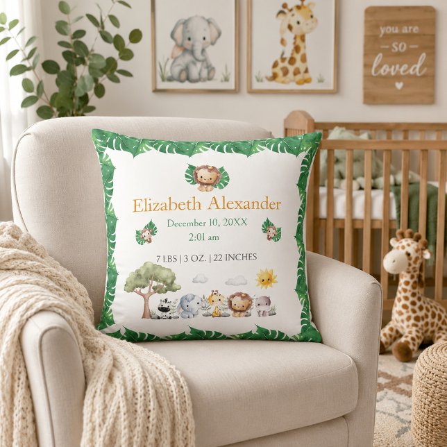 Safari Baby Födelsestatistik Nursery  Kudde (Skapare uppladdad)