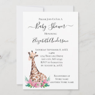 Safari Baby-Giraff med rosa blommor Inbjudningar