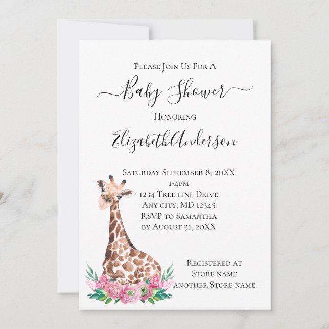 Safari Baby Giraffe med Rosa Flowers Inbjudningar (Framsida)