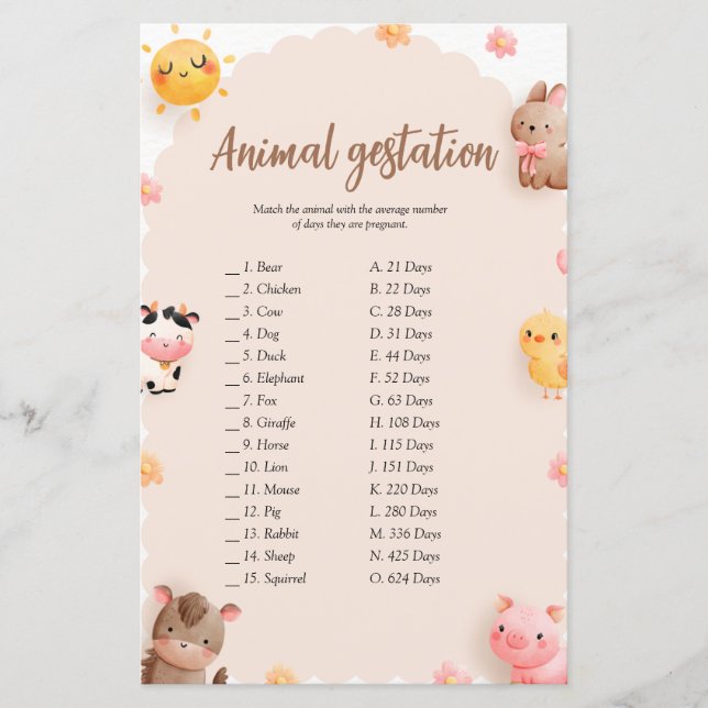 Safari Baby Shower Animal Gestation Game (Framsida)