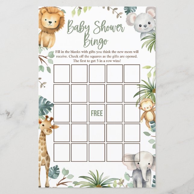 Safari Baby Shower Bingo Cards (Framsida)