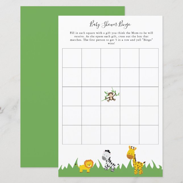Safari Baby Shower Bingo Party Spame Cute Animals (Fram/baksida)