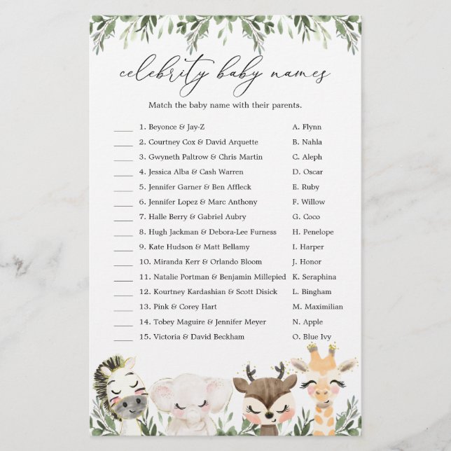 Safari Baby Shower Celebrity Barn namn Game (Framsida)