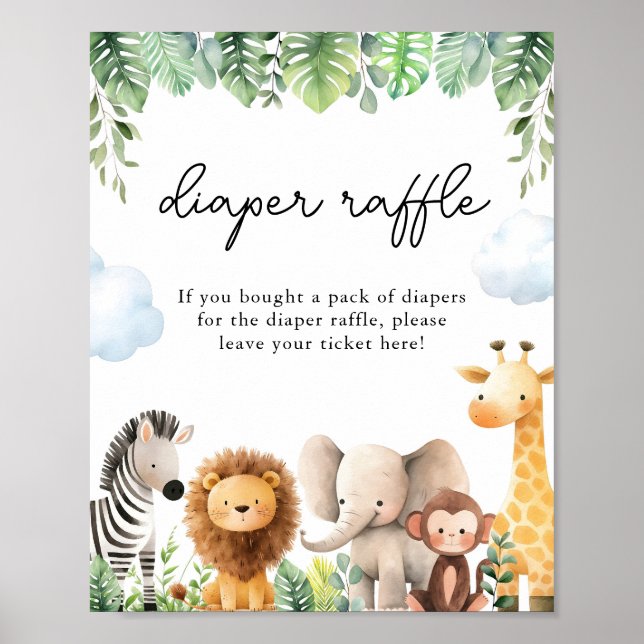 Safari Baby Shower Diaper Raffle Game Sign Poster (Framsidan)