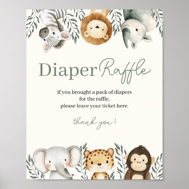 Safari Baby Shower Diaper Raffle Sign Poster (Framsidan)
