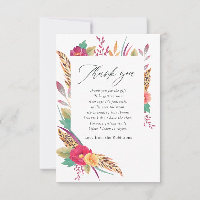 Safari Baby Shower för vattenfärgsprogram, Blommig Tack Kort (Framsida)